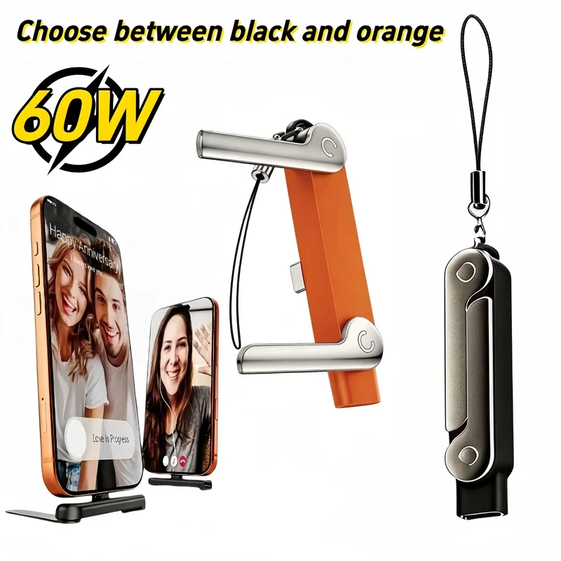 Black Orange Type‑C Fast Charger Adapter, 360° Rotatable Connector with Foldable Hidden Stand for Phone Tablet Laptop