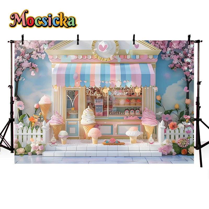 Mocsicka Birthday Photography Background Cute Girl Party Ice Cream Dessert Shop Backdrop Kid Portrait Cake Smash Photo Banner