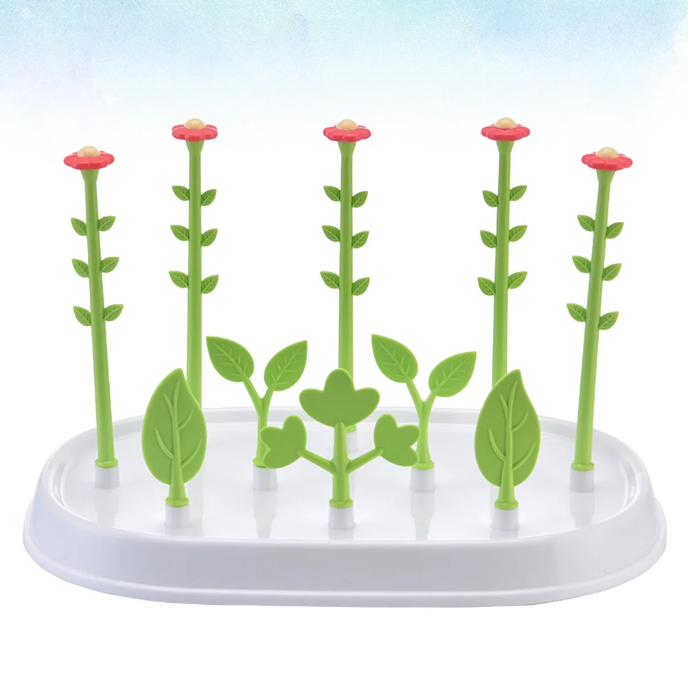 

Flower Shape Baby Bottle Drying Rack Eco-Friendly Pp Material Anti-Slip Base Holds Cups Steadily Water Tray Green