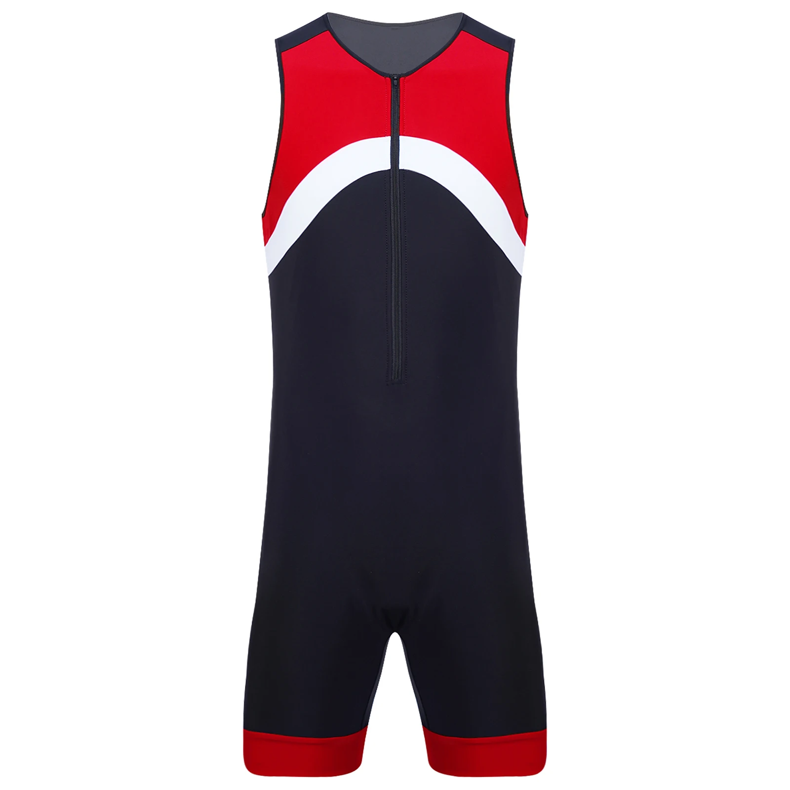 Men Swimwear One-piece Wetsuit Swimming Bathing Suit Round Neck Sleeveless Side Shorts Bodysuit Triathlon Front Zipper Swimsuit