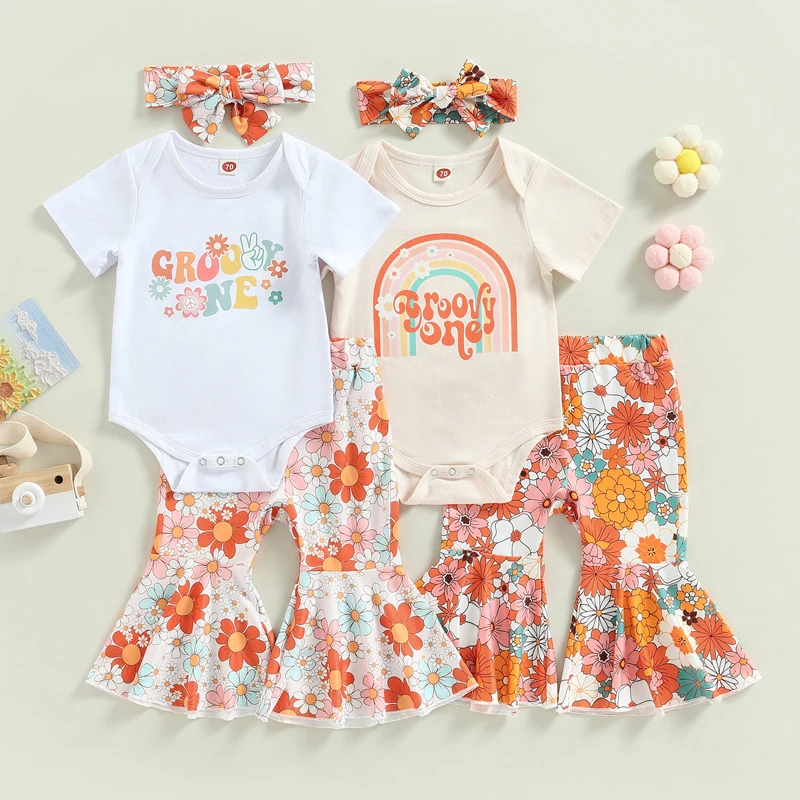 2022-12-17 Lioraitiin 0-3Years Toddler Baby Girls 3Pcs Outfit Sets White Short Sleeve Letter Print Romper Floral Flared Pants