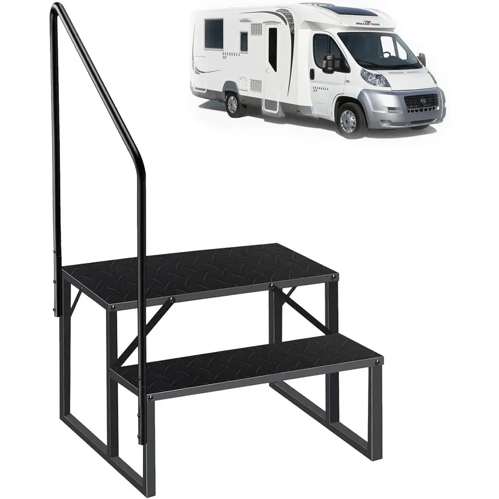 

Outdoor 2-Step RV Ladder with Handrail and Anti-Slip Treads for Mobile Homes, Campers, and Spas