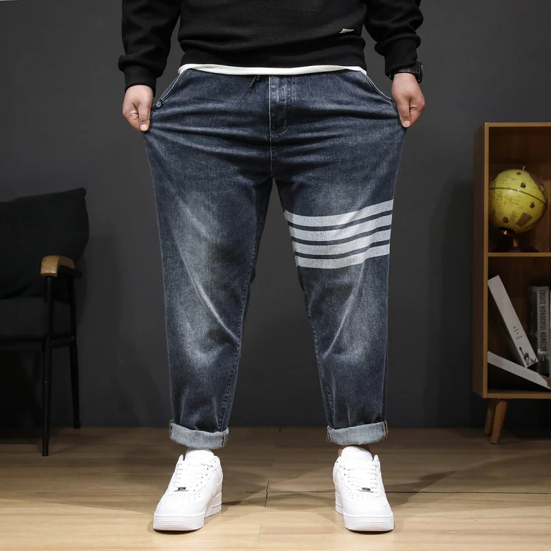 

8XL oversized jeans men's fashion striped print stretch plus size casual denim loose 150kg fat pants