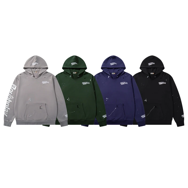 American Vintage Rough Play Pullover Hoodies 4 Colors Ripped Destroyed Splash Paint Sleeve Letter Print Man Sweatshirts
