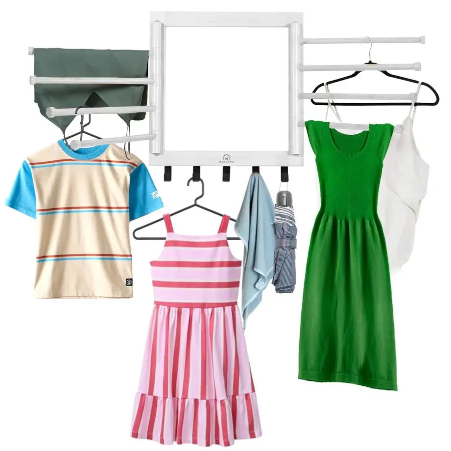 

Bamboo Wall Mount Drying Rack for Laundry Collapsible Foldable Clothes Dryer with 8 Arms amp 5 Hooks, SpaceSaving Laundry Hanger