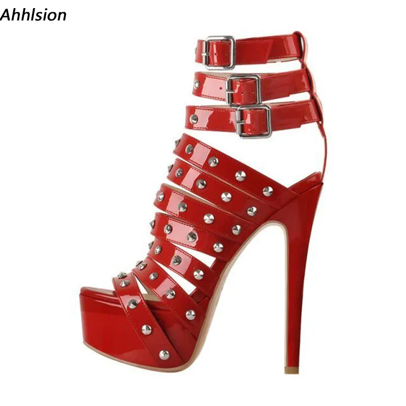 Ahhlsion Handmade Women Gladiator Sandals Thin High Heels Round Toe Beautiful Red Yellow Pink Shoes Ladies US Plus Size 5-20