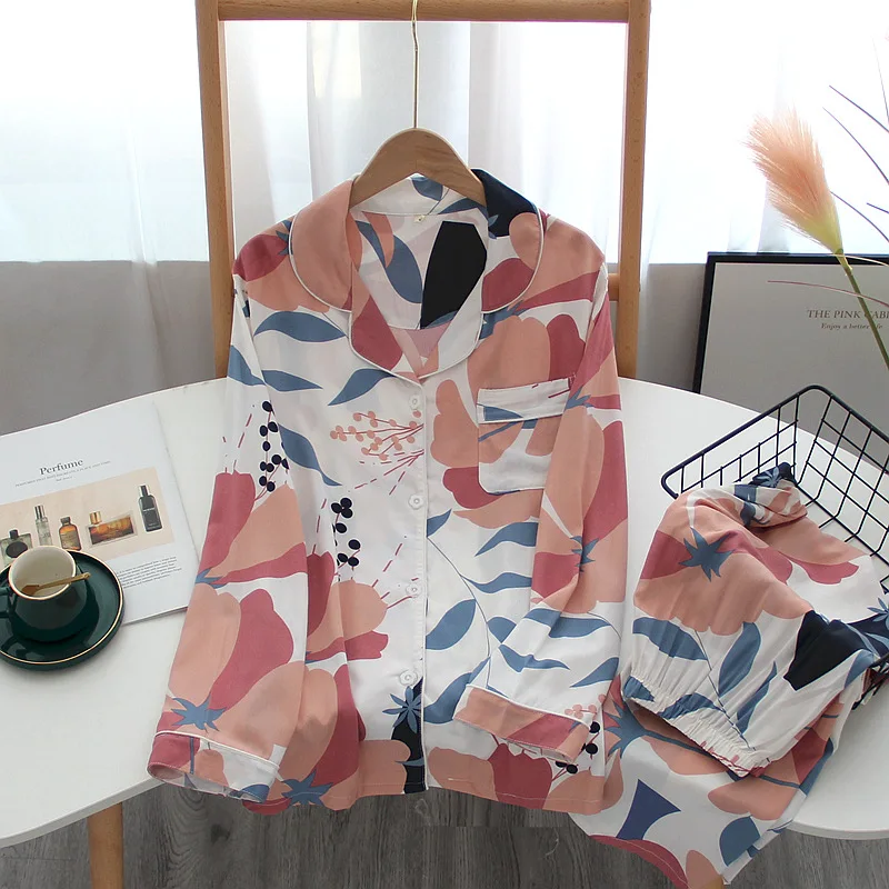 2024 Spring and Autumn Pure Cotton Cotton Silk Viscose Pajamas Set Ladies Summer Long Sleeve Pants Sweet Homewear two piece set