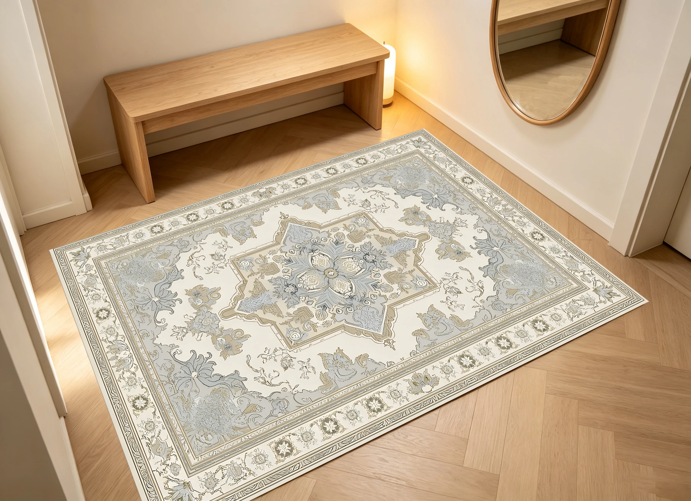 2D Large Rug in Beige & Gray Tones European Retro Pattern Soft & Comfortable, for Living Rooms & Bedrooms, Enhancing the Ambiance