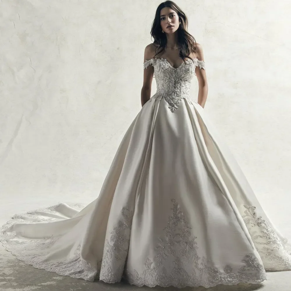 CustomizedSatin Off Shoulder Sleeves Wedding Dress Beading Pearls princess Bridal Gowns Delicate lace Vestido de novia