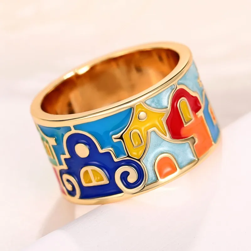 Huitan Creative Colored Housed Design Enamel Finger Ring for Women Gold Color Band Funny Girls Rings Gift Hip Hop Party Jewelry