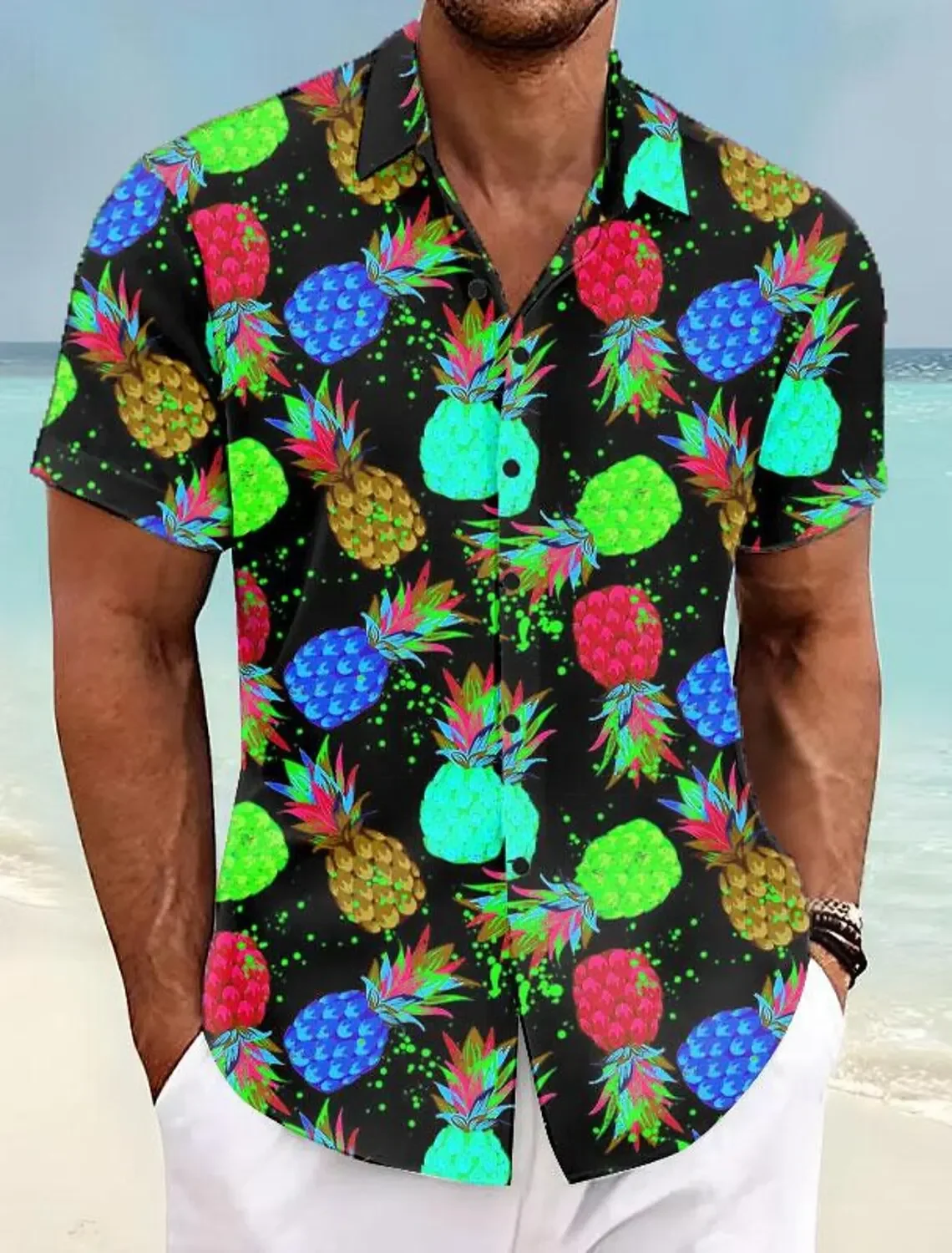 

Summer Comfort Hawaiian Shirt Men Travel Daily All-match Blouse, Bright Rainbow Pineapple Fruit 3D Print
