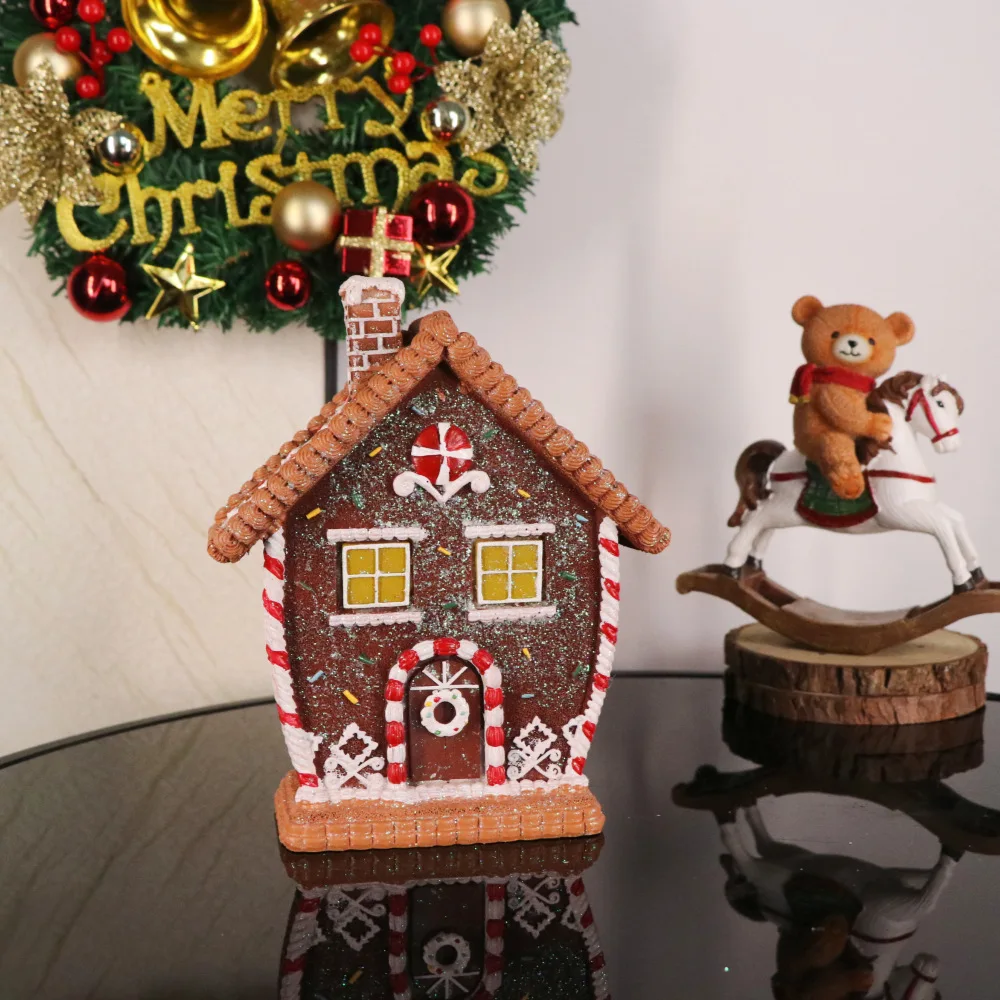 Gingerbread House with LED Light Resin Christmas Candy House Statue Christmas Party New Year Home Decoration Desktop Ornaments