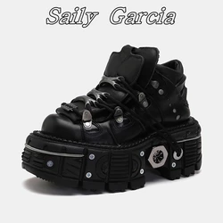 Sapatos de couro genuíno com cadarço para meninas, unha de metal retrô, dedo do pé redondo, fundo do tanque, estilo punk, legal, selvagem, ano novo, tamanho grande