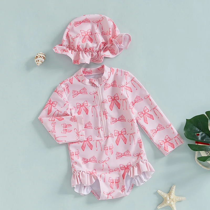 

0-3Years Toddler Infant Girl Rash Guard Swimsuit Romper with Hat Long Sleeve Bow Print Ruffle Swimwear Summer Beach Bathing Suit