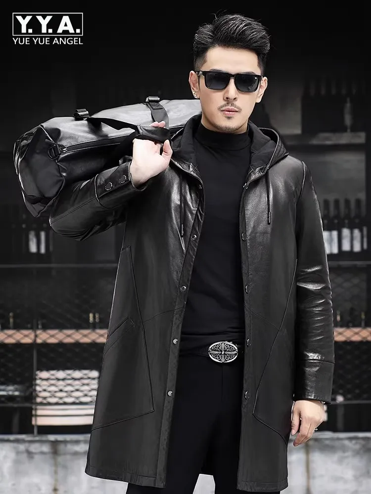 

Мужской деловой повседневный пуховик из натуральной кожи, приталенная куртка средней длины с капюшоном, съемная однобортная куртка из овчины