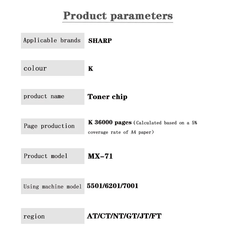 MX-71 Toner Chip  Toner Cartridge Chip 36K AT CT NT GT JT FT for  SHARP 5501/6201/7001