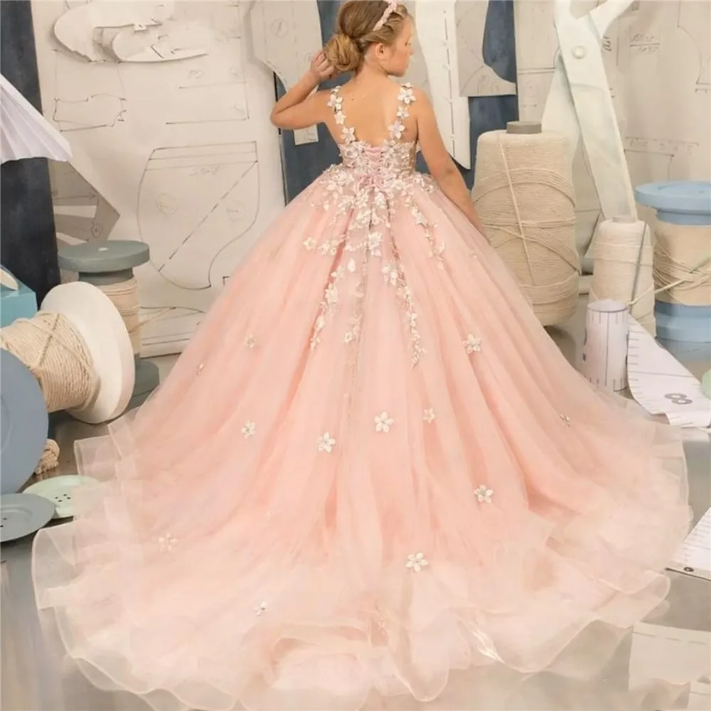 

Elegant Flower Girl Dress For Wedding Sleeveless Appliques Floral Princess Birthday Party Kids Communion Ball Gown Customized
