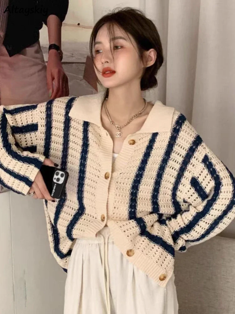 

Striped Knitting Cardigan Women Casual Long Sleeve Elegant Stylish Korean Style Baggy for Ladies Sweaters Hot Sale All-match New