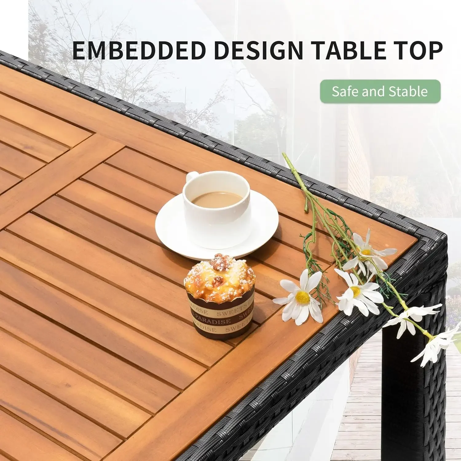 Juego de comedor para patio de 5 piezas, mesa de madera de acacia para exteriores y cojines suaves, muebles de mimbre para terraza, patio trasero, jardín