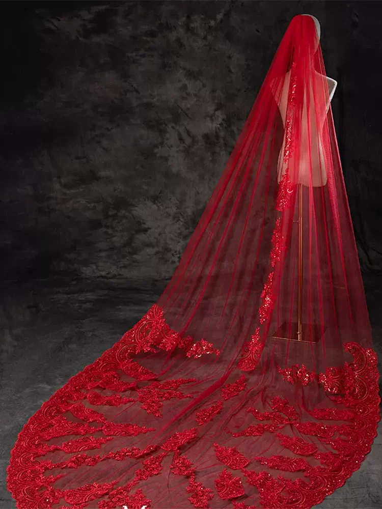 Gorgeous Red Bridal Veil Wedding Veils Floral Applique with Sequins Real Pictures Long