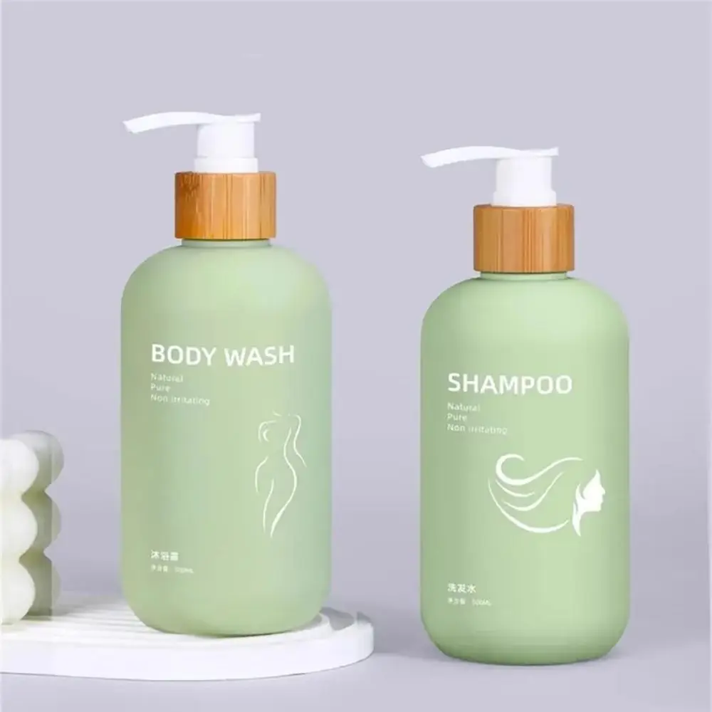 1Pcs Shower Gel Body Wash Lotion Bottle 200ml/300ml/500ml With Bamboo Pump Cosmetic Container Avocado Green Bathroom