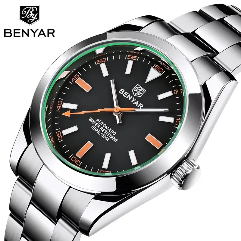 

BENYAR Fashion Brand Mens Automatic Watches Stainless Steel Waterproof 50M Men Mechanical Wristwatch Luxury Tourbillon Watch Men