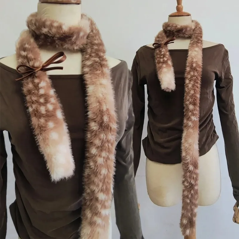 

Kawaii шарф из искусственного меха с узором маленького оленя, элегантный нежный дизайн из меха оленя для девочек, теплый осенне-зимний пушистый круглый тонкий шарф 2025