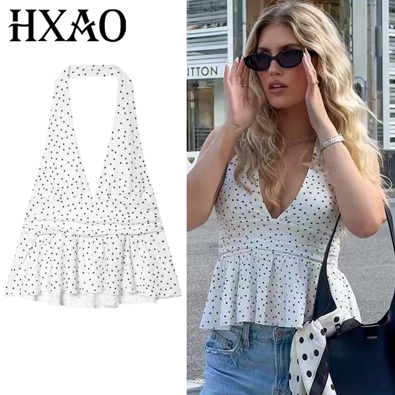 HXAO 2025 المرأة البولكا نقطة الرسن الأعلى الصيف مثير الدبابات و كاميس أنيقة المحاصيل بوهو Ruched عارية الذراعين تانك القمم شيك شارع العليا سترة #1