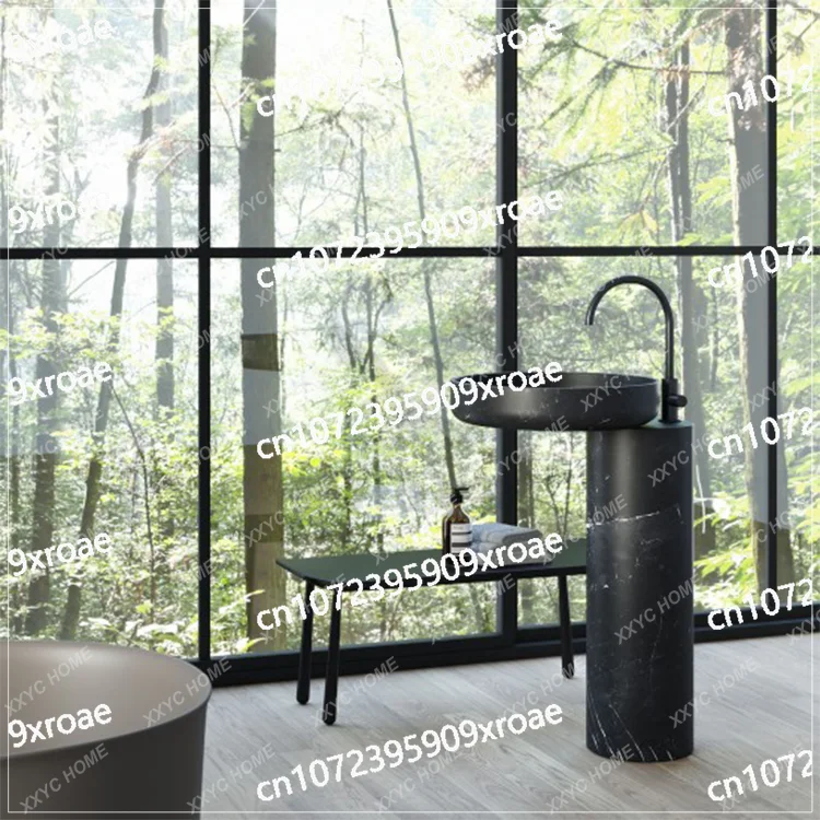 

Bathroom Art Column Basin Black and White Root Marble Artificial Integrated Floor-to-ceiling Wash Basin