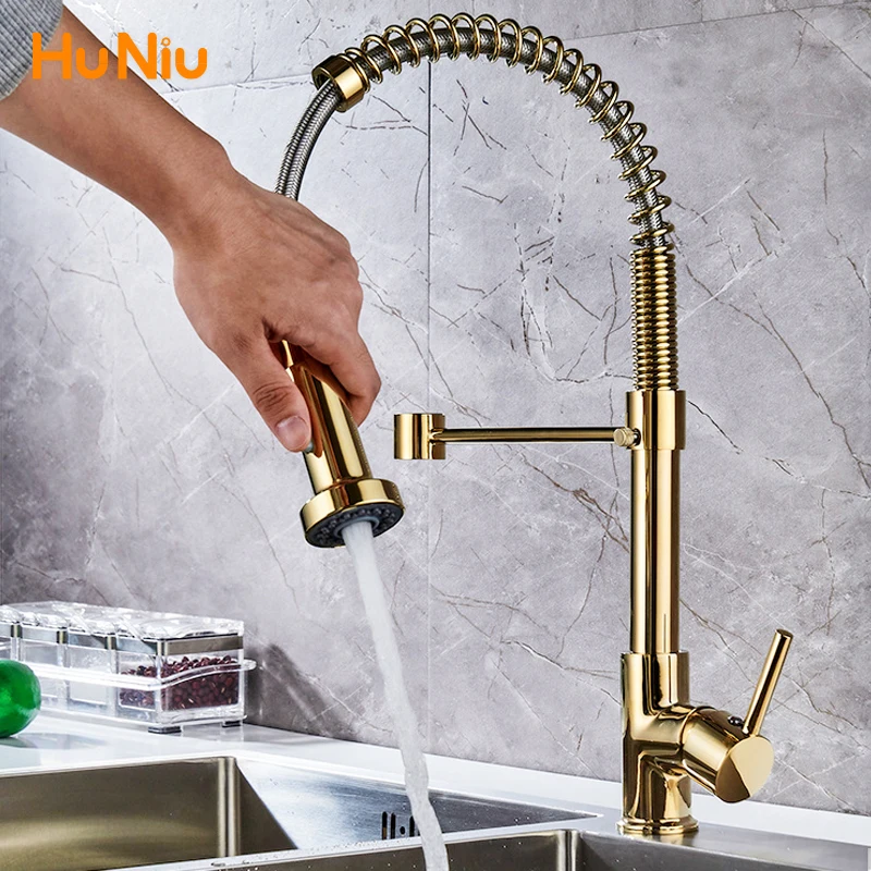 Kitchen Faucet with Pull Down Sprayer Single Handle Mixer for Basin 360° Rotating Spring Style Taps Brass Chrome Gold Black