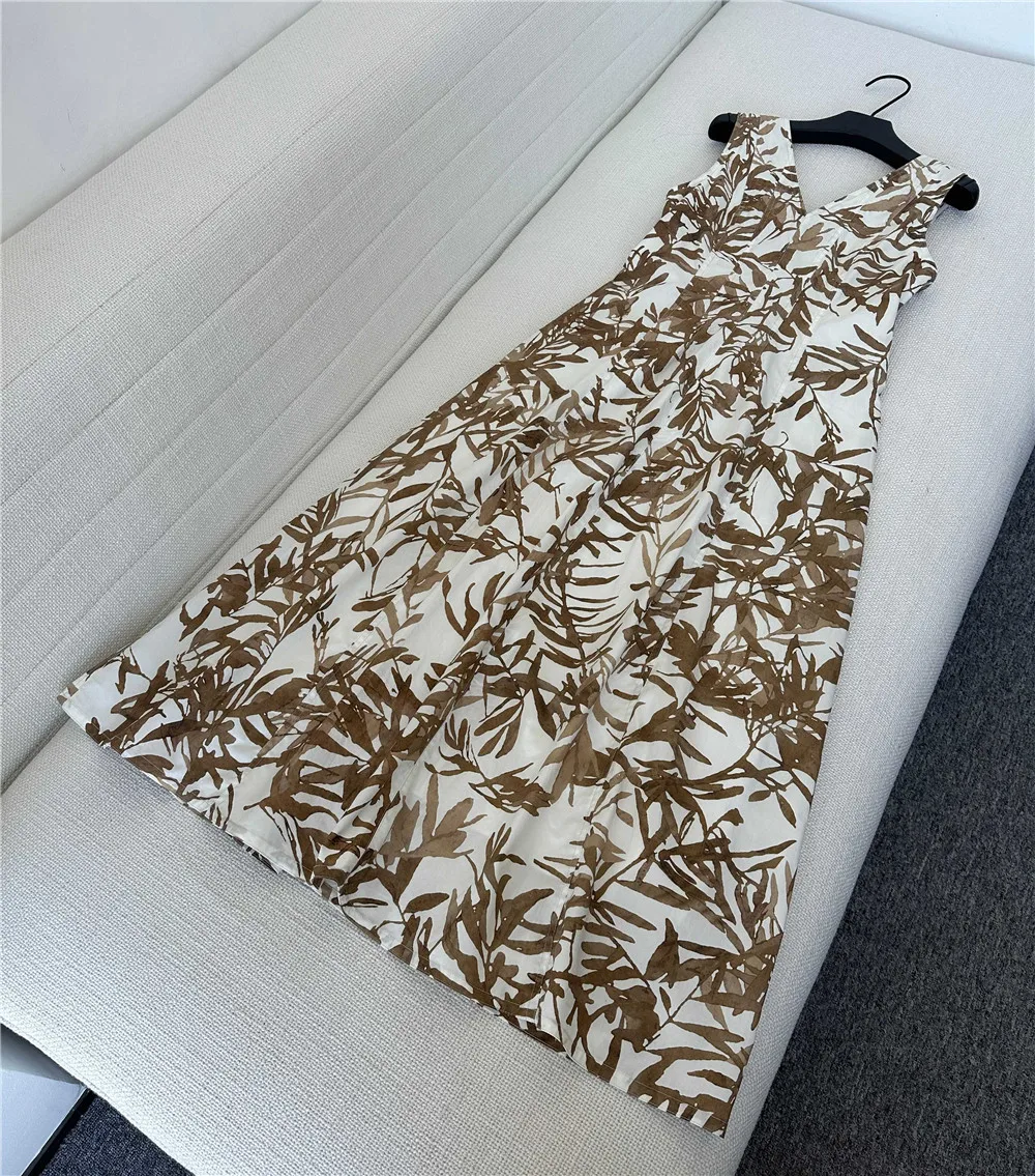 

Women's Printed Sleeveless Vest Dress V-Neck Slim Waist Mid -Long Dresses