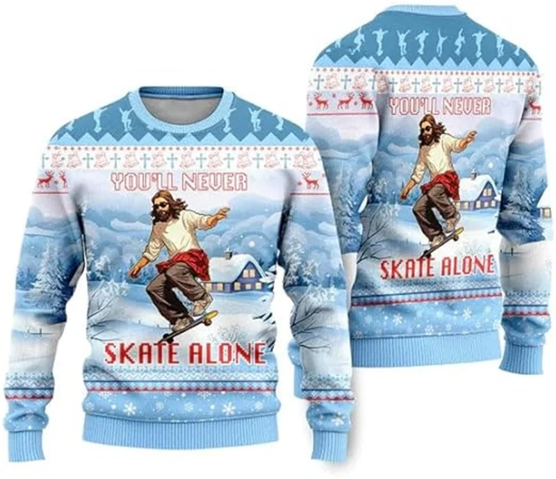 Full Print Funny Jesus Skateboarding Ugly Christmas Sweatshirts For Men Women Casual Crew Neck Jumper Sweatshirt Streetwear