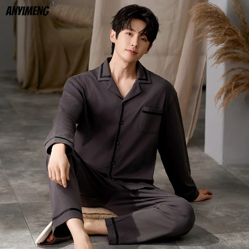 New Autumn Winter Cotton Lapel Pajamas for Men Long Sleeves Long Pants Pijamas Plus Size L-3XL Fashion Luxury Man Sleepwear