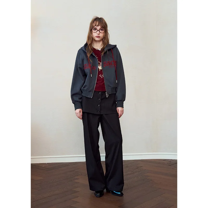 ELFSACK Women's Vintage Zip‑Up Hooded Jacket with Letter Embroidery, Cropped Hoodie Coat for Daily