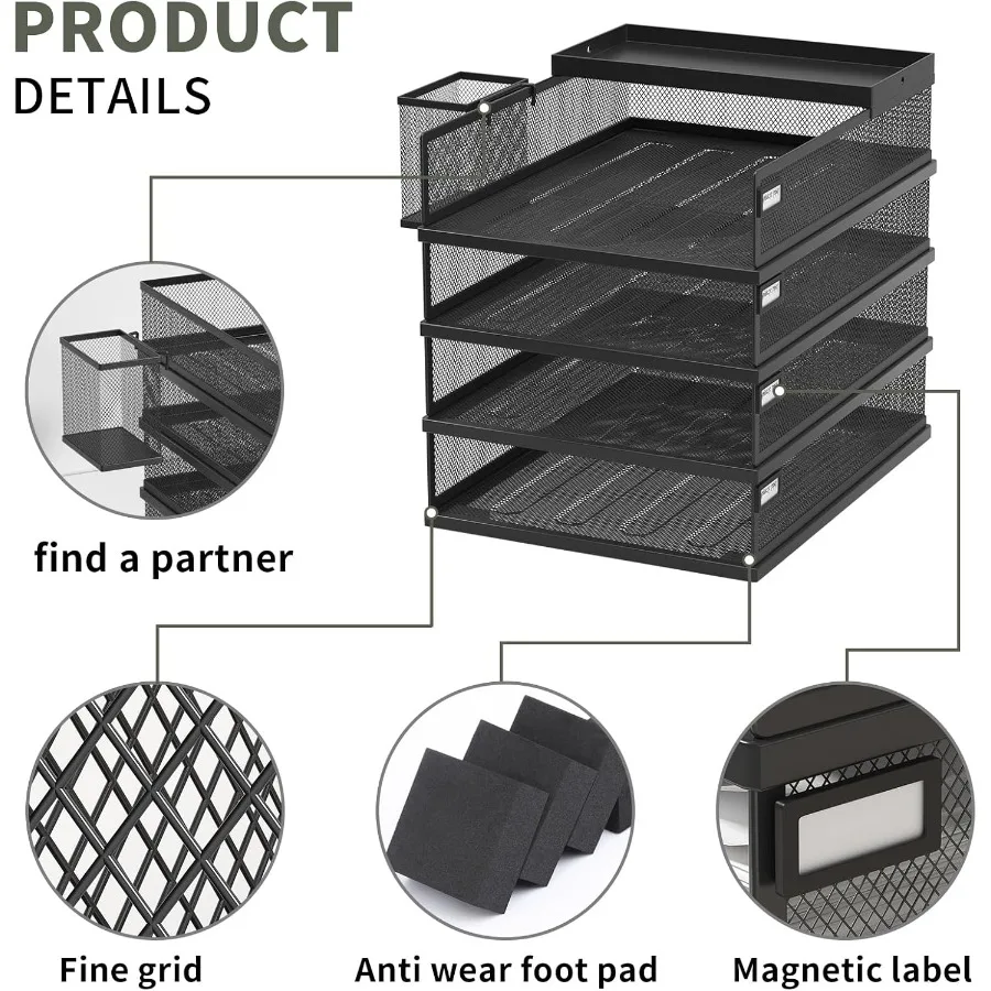 Stackable Letter Trays 4 Tier Metal Paper Tray Desk Organizer for Office and Home Use Multi-Functional Document Tray with Fine