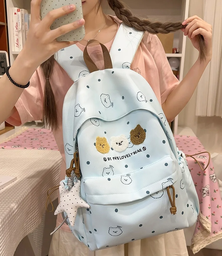 New Student Daily Canvas Backpack Women Dotted Print Fuzzy Bear Patch School Bags Teenager Lightweight Book Bag with Star Charm
