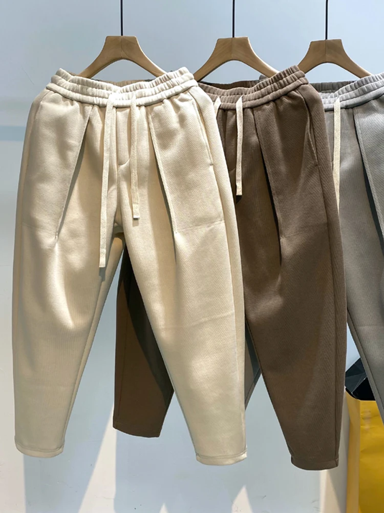 Men's Casual Thickened Sweatpants Elastic Waist Harlan Pants Pure Color Leisure Trousers Autumn Winter New Style Basic Color