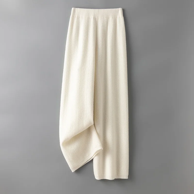 Pantalones de punto con patrón de espiga para mujer, pantalón informal de pierna ancha, holgado, de lana merina, moda coreana, otoño e invierno, 100%