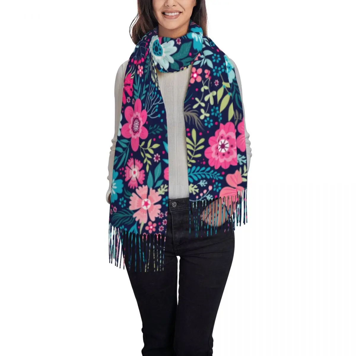 Womens Cute Small Flowers Cashmere Scarf Large Ditsy Floral Hawaii Style Pashmina Shawls and Wraps Scarves forDaily Wear