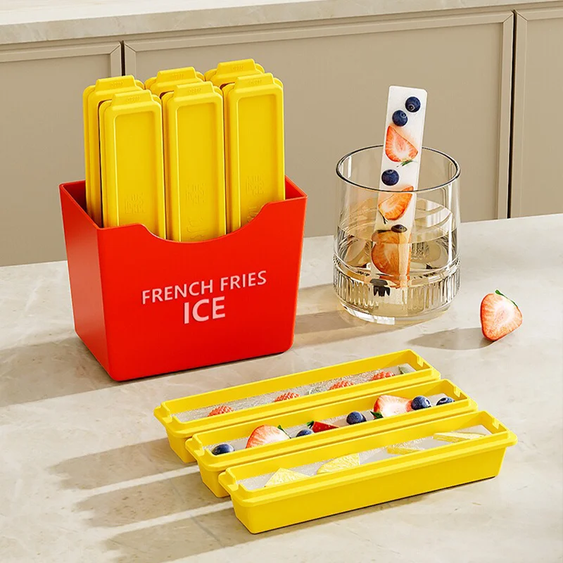 

French Fries Shaped Ice Mold Household 6pcs Rectangular Ice Tray Yellow Red Magnetic Attraction Storage Box Homemade Ice Cubes