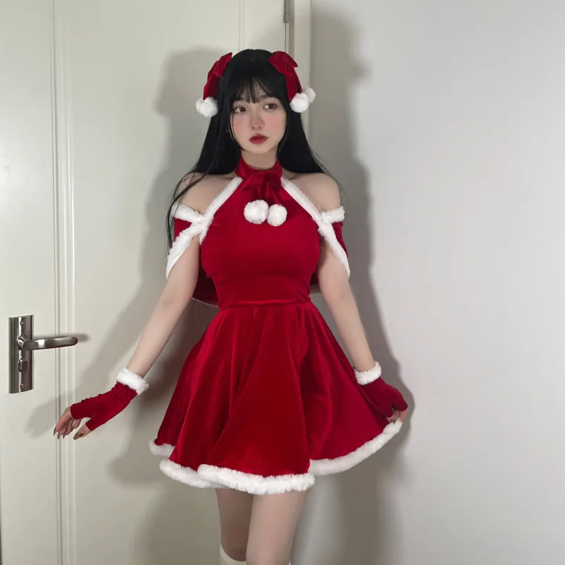 Autumn Winter Sweet Christmas Red Plush Dress Suit Women Sexy Party Mini Dress Female Kawaii New Year 4 Piece Set Cute Home Wear