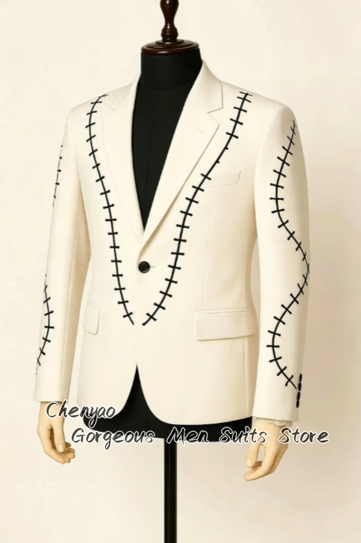 Unique Black Bone Stitch Seam Embroidery Notch Collar Slim Men Suit Groom Tuxedos Customized Male Blazers 2Pcs ropa hombre