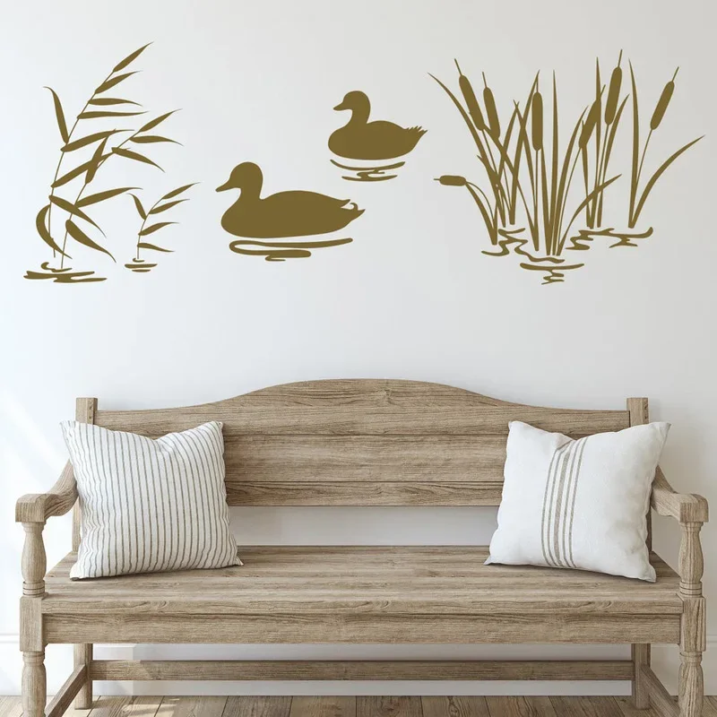 Duck Hunter wall Decal, Lake House Decor, Mallard Ducks, Ducks Floating, Reeds, Hunting Nursery Decor Birds Vinyl Sticker 2178