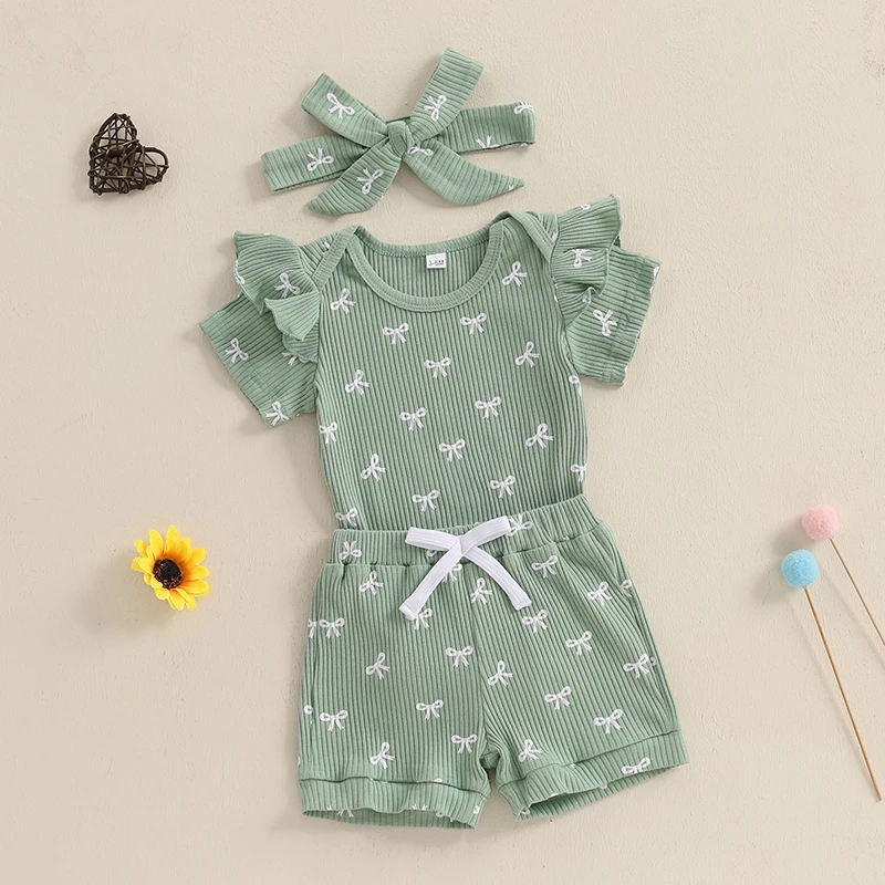الرضع طفلة ملابس الصيف القوس طباعة قصيرة الأكمام رومبير + شورت الخصر المرن + عقال 3 قطع مجموعة