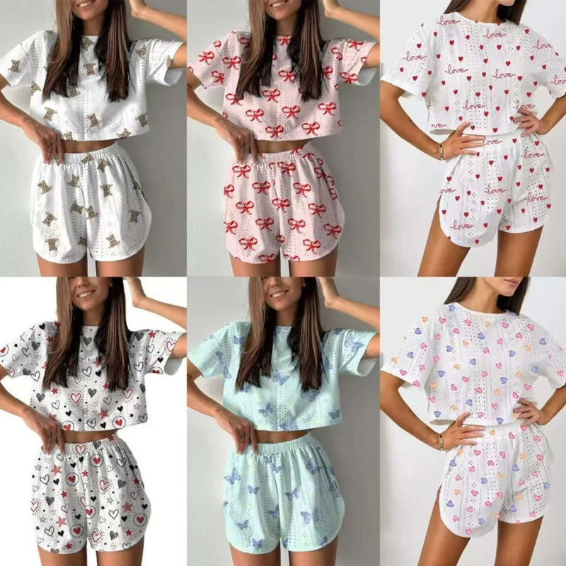 

Women's Short Sleeved Shorts Jacquard Printed Fashionable Two-Piece Casual Wear, Pajamas And Home Wear Set