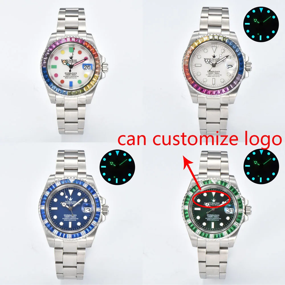 Orologio subacqueo NH35/NH70 da uomo di lusso da 40 mm con lunetta in diamanti artificiali Il movimento automatico giapponese NH35/NH70 può personalizzare il logo