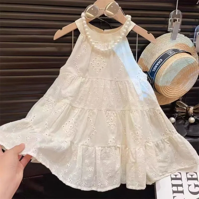 Cut-out Design Girl's Dress 2025 Summer Little Girl Fashion Sling White Holiday Medium Length Vest Dress Girls Dress 2-7Y