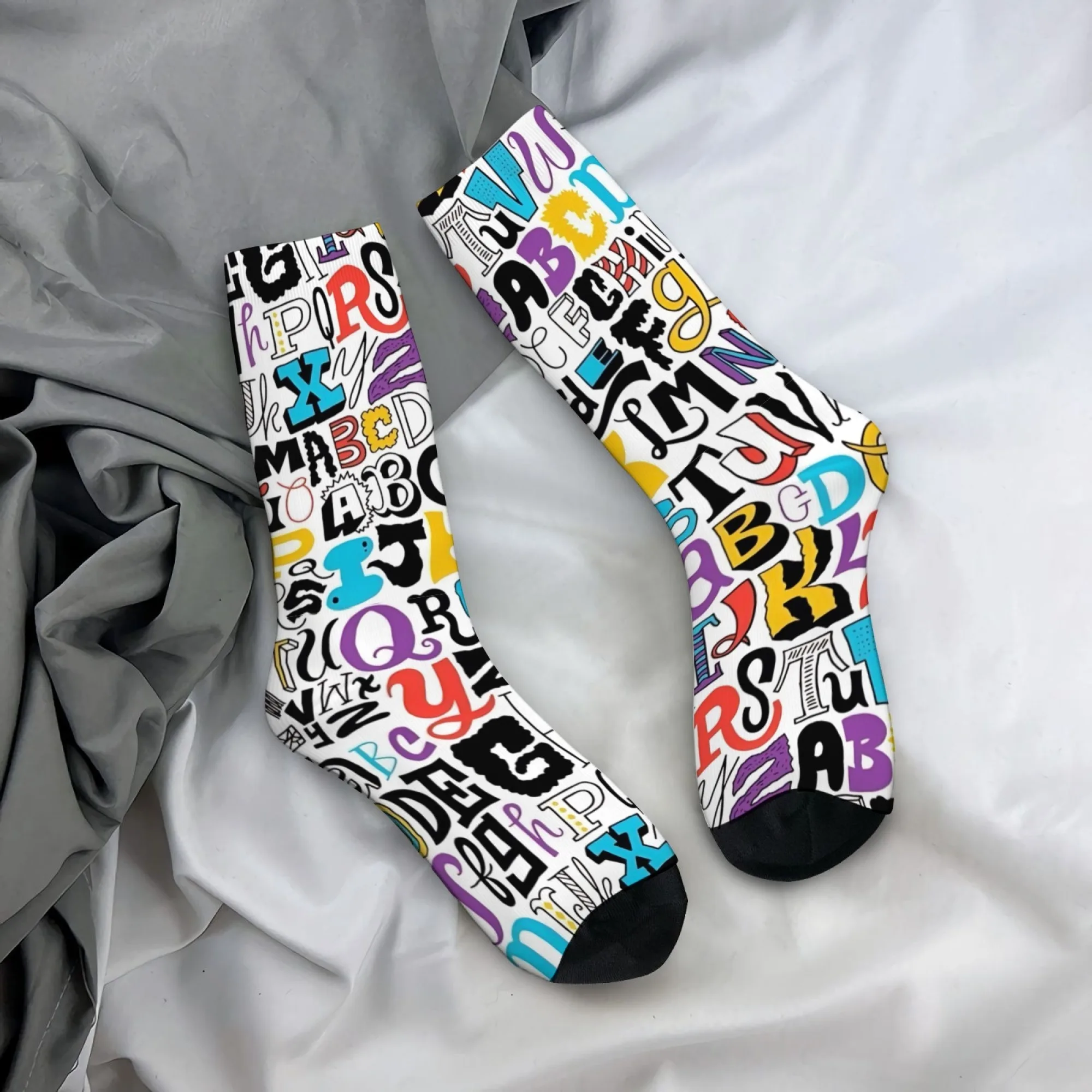 American-style Trendy Printed Socks Colorful Letter Graffiti Patchwork Men's Mid-calf Socks White Unique Street Outdoor Socks