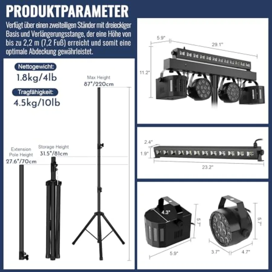 DJ Lights Stand for Parties - Professional 5in1 LED DJ Lighting System with Stand, DMX512, Sound Activated Stage Lights Package