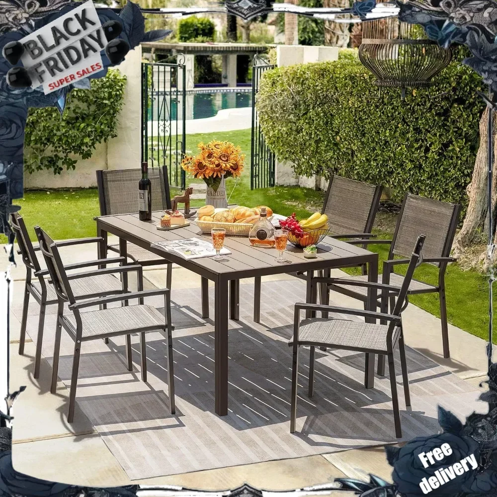 Patio Dining Set 7 Pieces Outdoor Furniture with Large Table and 6 Textilene Chairs for Porch